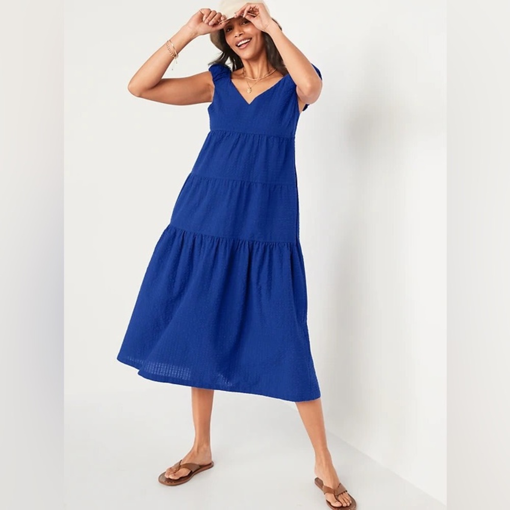 New Old Navy Fit & Flare Tiered Seersucker All-Day Maxi Dress Navy Blue Size S